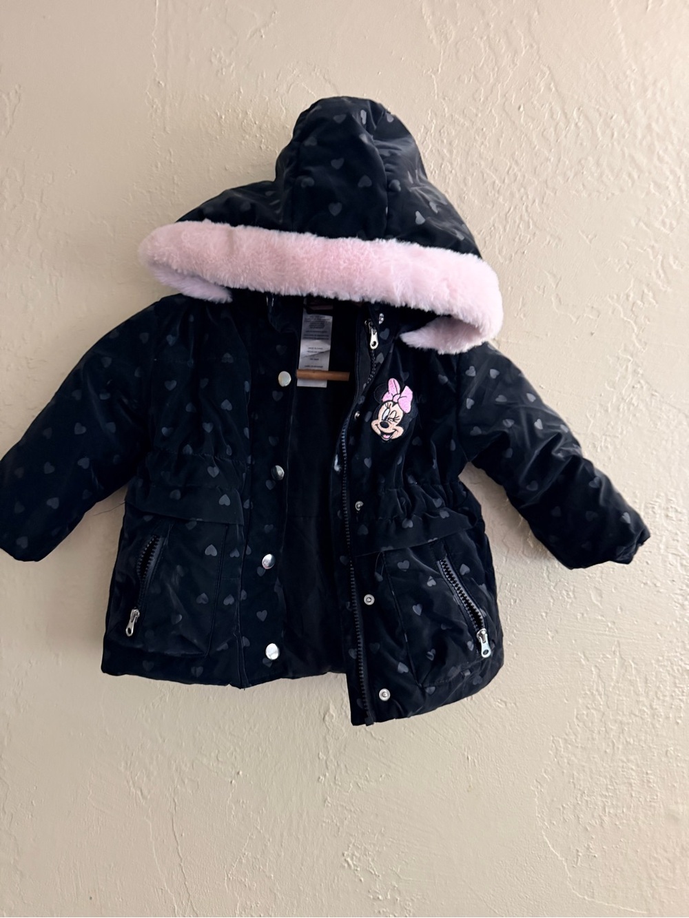 Disney Black Toddler Coat with Pink Faux-Fur Hood Trim